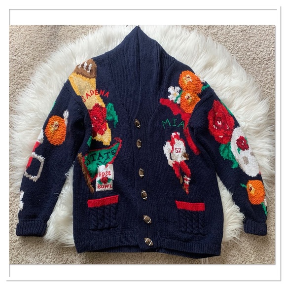 The Eagles Eye Sweaters - The Eagles Eye Alexandra Bartlett Vintage Knit Rosebowl Cardigan Sweater Blue S